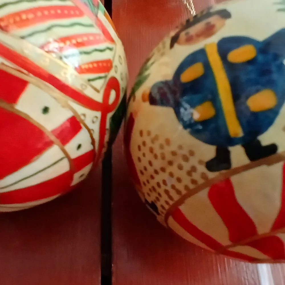 Hand painted wooden lacquered ornaments made by Foreside Co. in India (3)